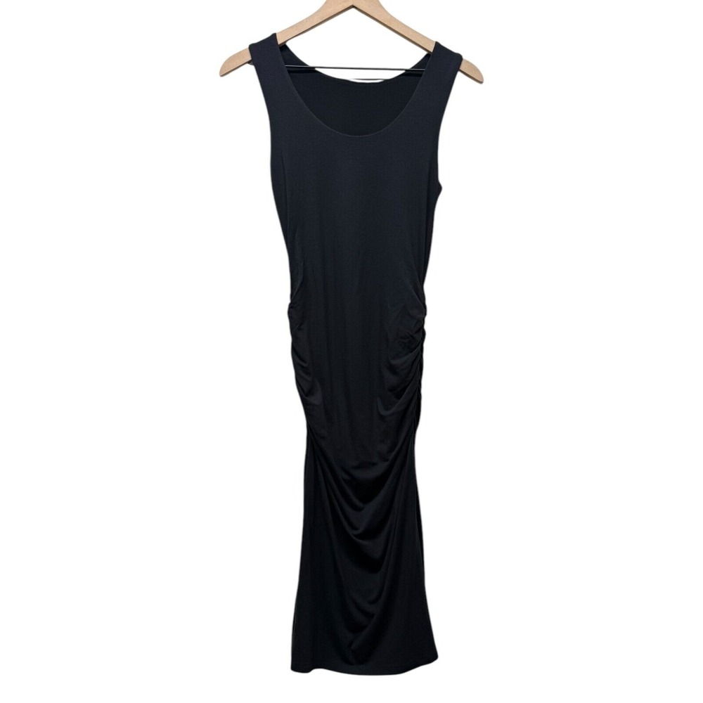 Athleta Black Pima Cotton Midi Soft Tank Dress‎ XS Ruched Stretch Minimalist - Picture 2 of 4